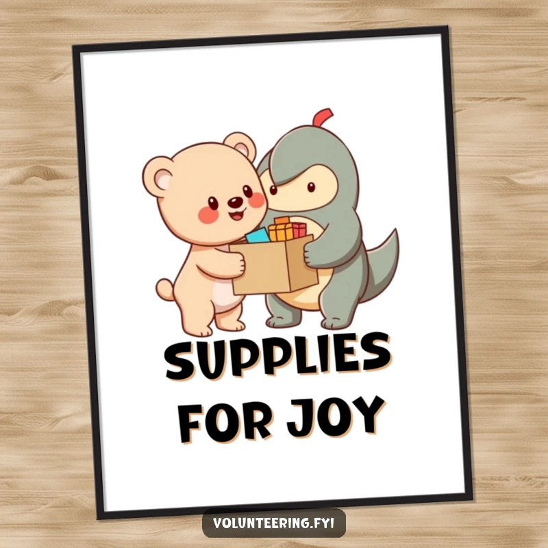 Funny Digital Art Print of a cheerful bear cub character handing a box of supplies to another creature, capturing a moment of generosity and companionship.