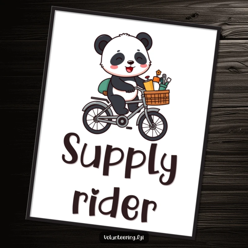Funny Panda Bike Digital Art Print: A cartoon panda riding a bicycle with supplies, symbolizing joy and bringing a playful vibe indoors.