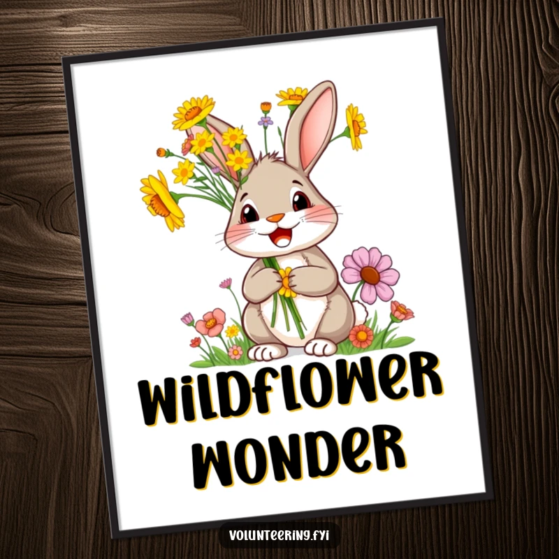 Funny rabbit digital art print, a delighted cartoon rabbit holding bright wildflowers, ideal for charming wall decor.