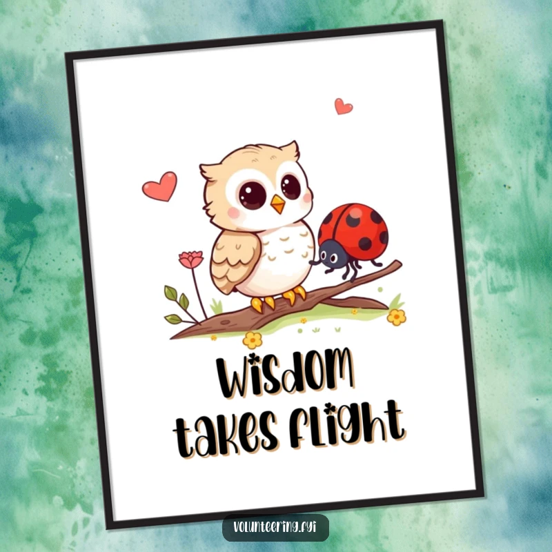 Funny digital art print of an owl guiding a ladybug, instantly downloadable for whimsical and heartwarming decor.