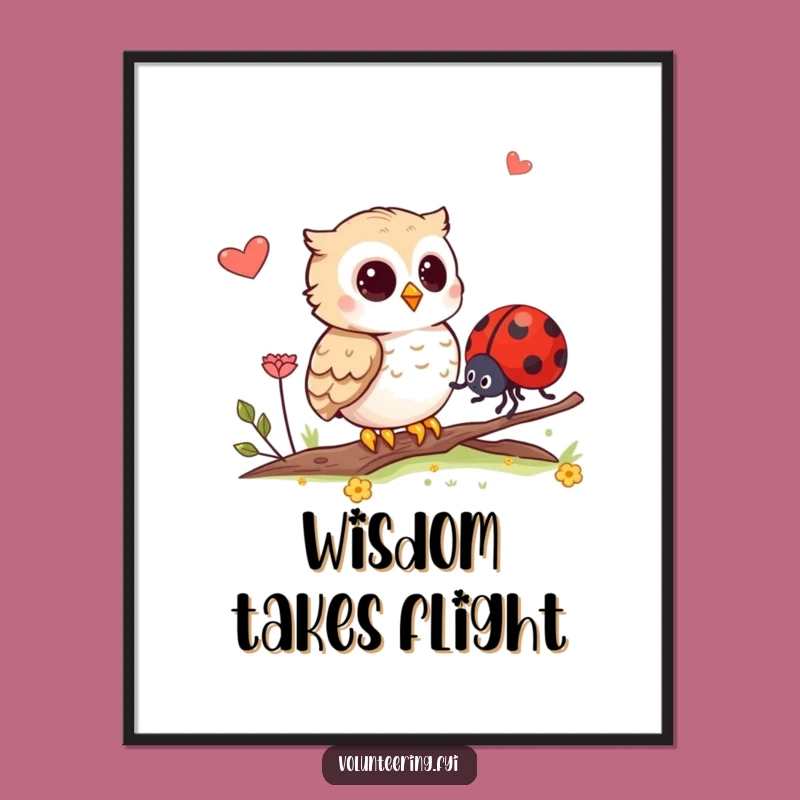 Funny Owl Guides Ladybug Digital Art: Instant Whimsical Decor
