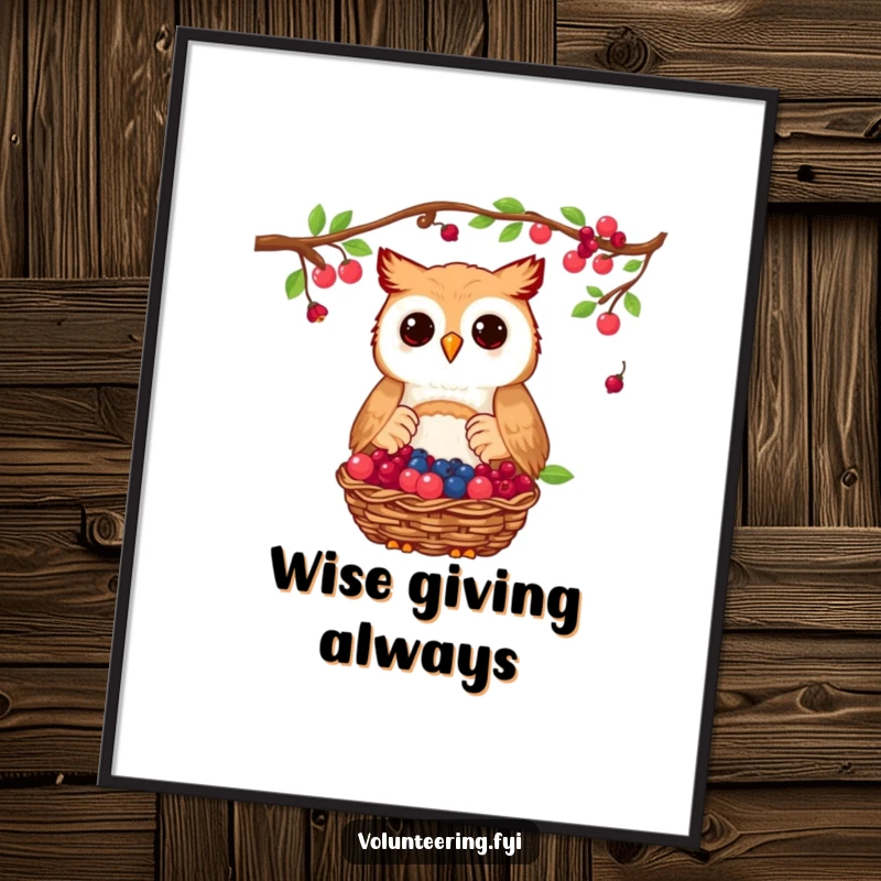 Funny owl and berry digital art print featuring a proud owl donating a basket of collected berries, instant download art.