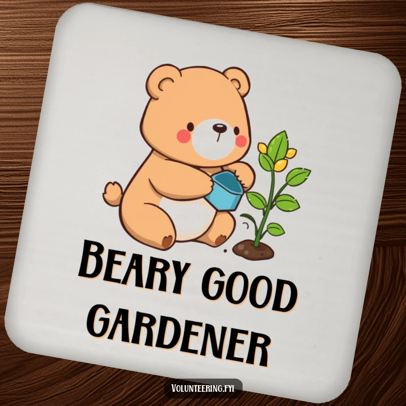 Funny bear drink coasters, a contented cartoon bear watering a sprouting plant, adding natural humor to tabletops.