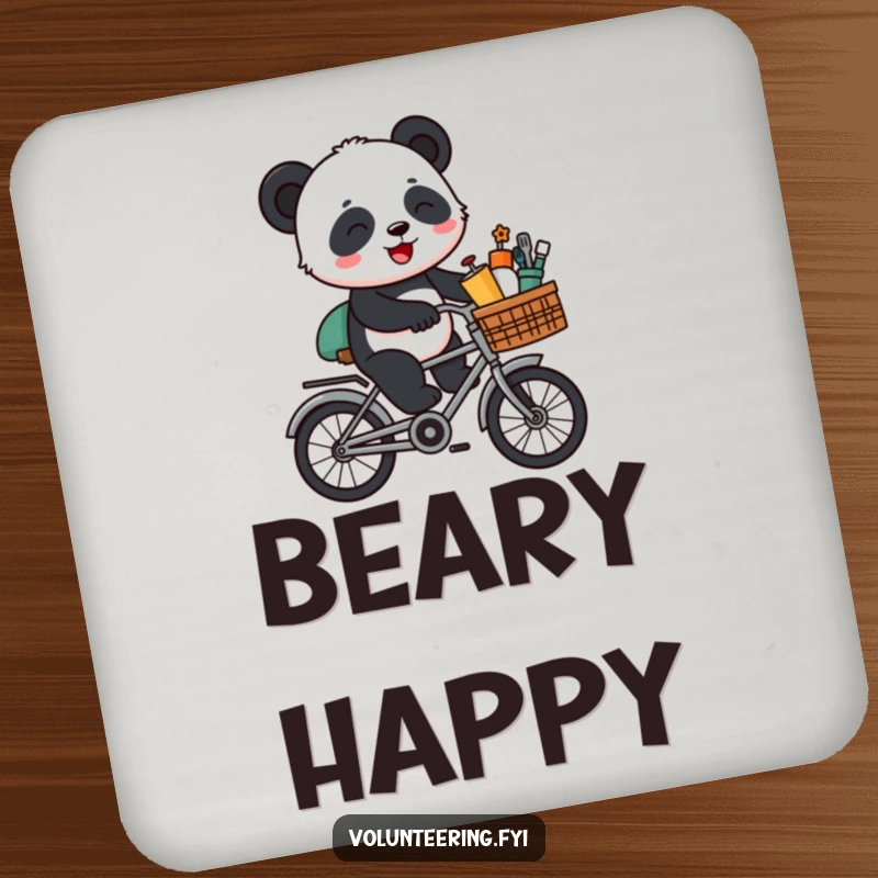 Funny Panda Bike Drink Coaster: A giggling cartoon panda riding a bicycle with supplies, protecting your surfaces with adorable humor.