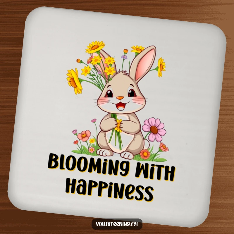 Funny rabbit drink coasters, a delighted cartoon rabbit holding bright wildflowers, adding floral humor to tabletops.