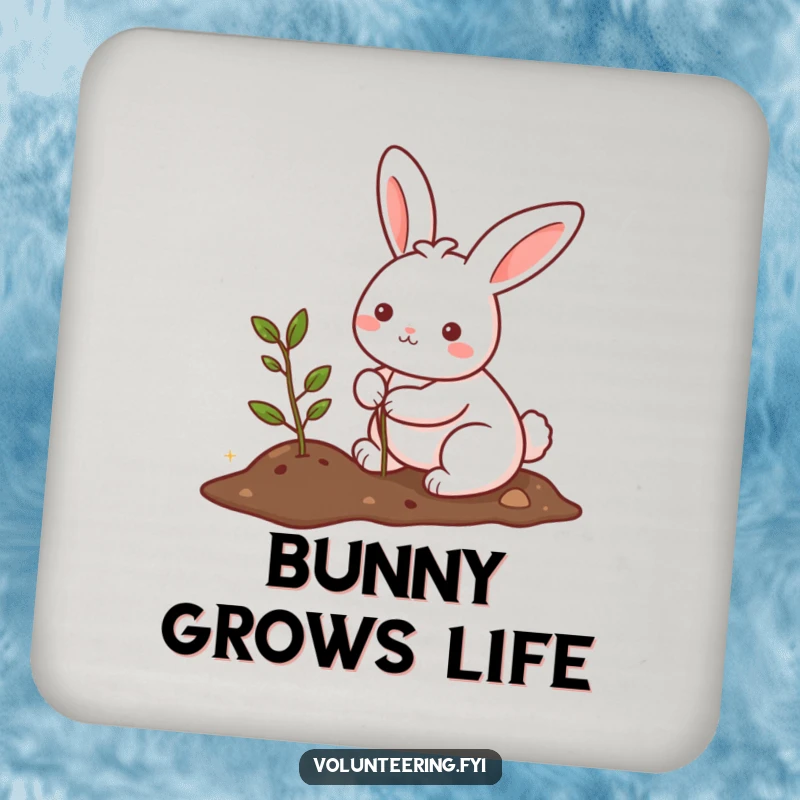 Set of funny drink coasters featuring a kawaii bunny planting a small tree, perfect for adding a touch of nature and whimsy.