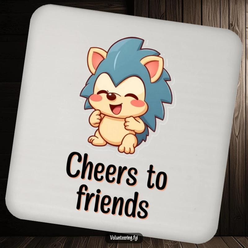 Funny enthusiastic hedgehog character sharing a toy on protective drink coasters, perfect funny gift.