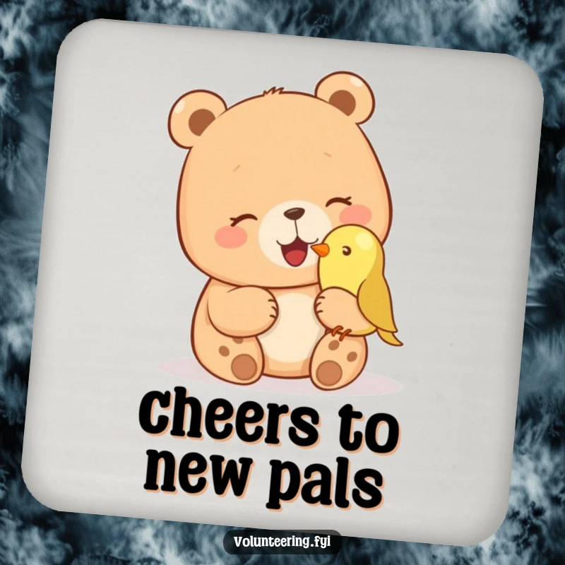 Funny coasters featuring a giggling bear petting a small bird on its nose, perfect for humorous table protection. Excellent funny gift.