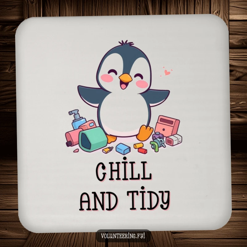 Funny penguin drink coaster, a cheerful penguin energetically tidying scattered items, a humorous household gift.