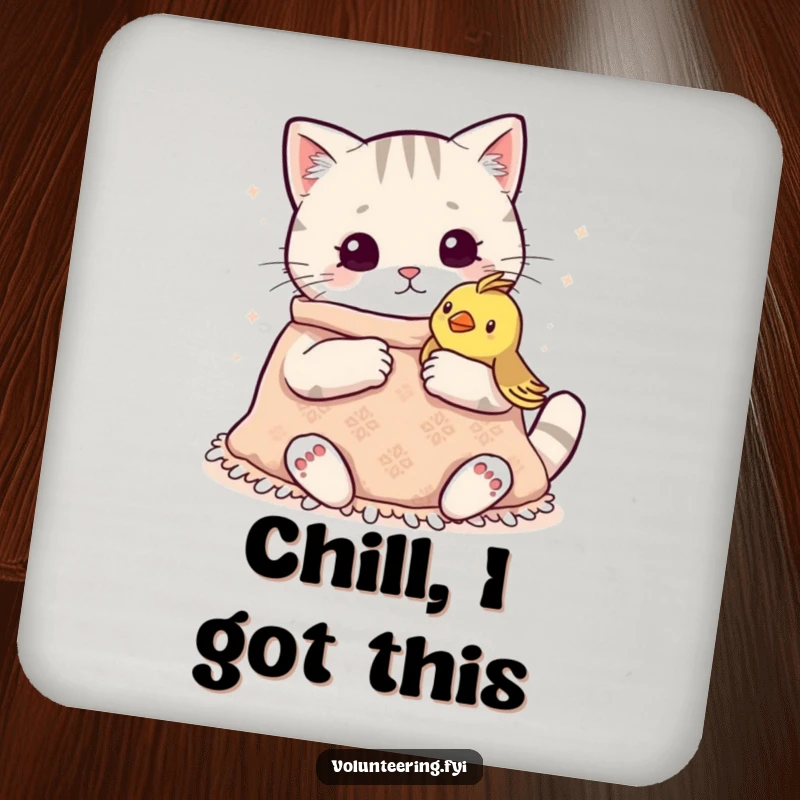 Funny Kawaii Cat Knitting Coaster Set: Cute coasters featuring a cat knitting a blanket for a bird, offering protection and warmth.