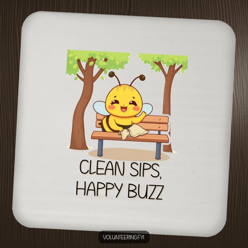 Funny Coaster: Joyful yellow bee with a determined expression polishes a park bench with a small cloth, protecting surfaces.