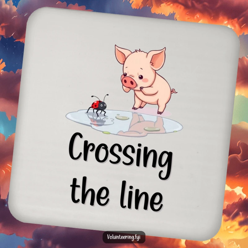 Funny piglet and ladybug drink coasters illustrating a determined piglet assisting a ladybug, protecting surfaces with charm.