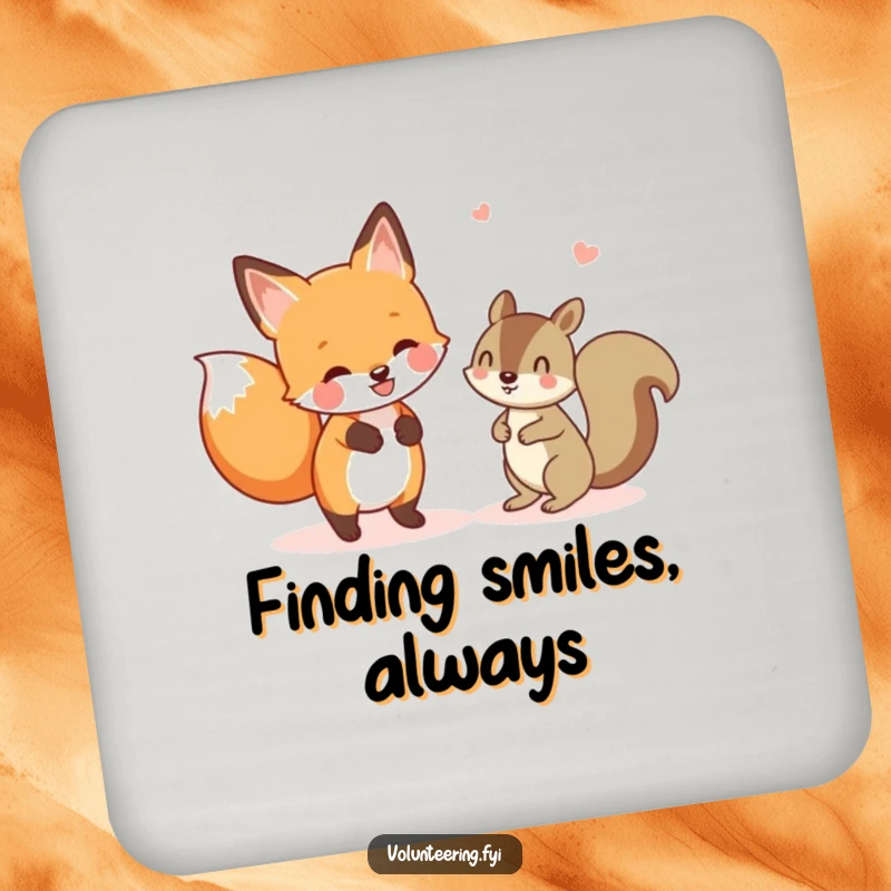 Funny coasters featuring a cheerful fox helping a lost squirrel, perfect for humorous table protection. Excellent funny gift.