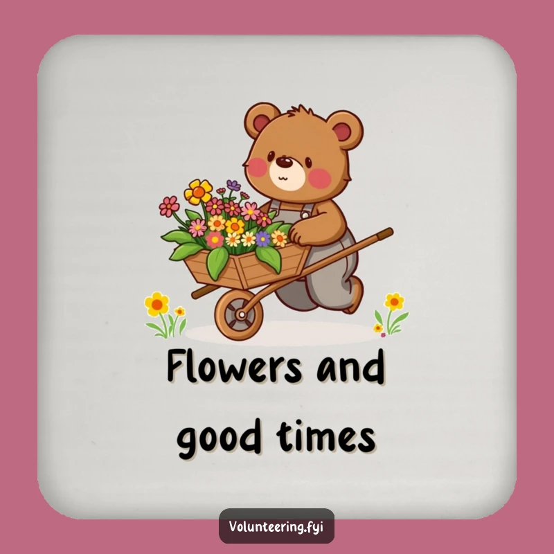 Funny Bear Coaster: Determined Bear Pushing Flowers, Table Protection Funny Gift