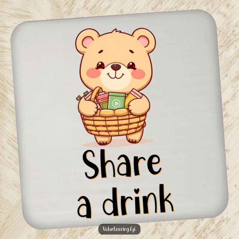 Funny drink coaster with a grinning bear carrying a basket of donated items, protecting surfaces with kindness.