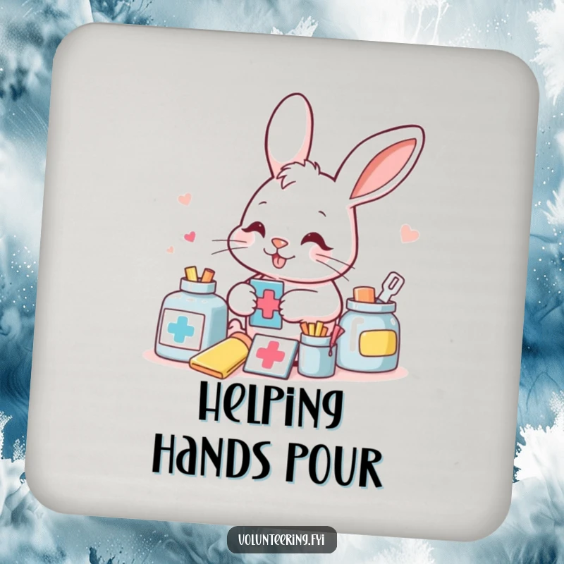 Funny bunny meticulously sorting colorful aid supplies on a drink coaster, for humorous surface protection and organized charm.