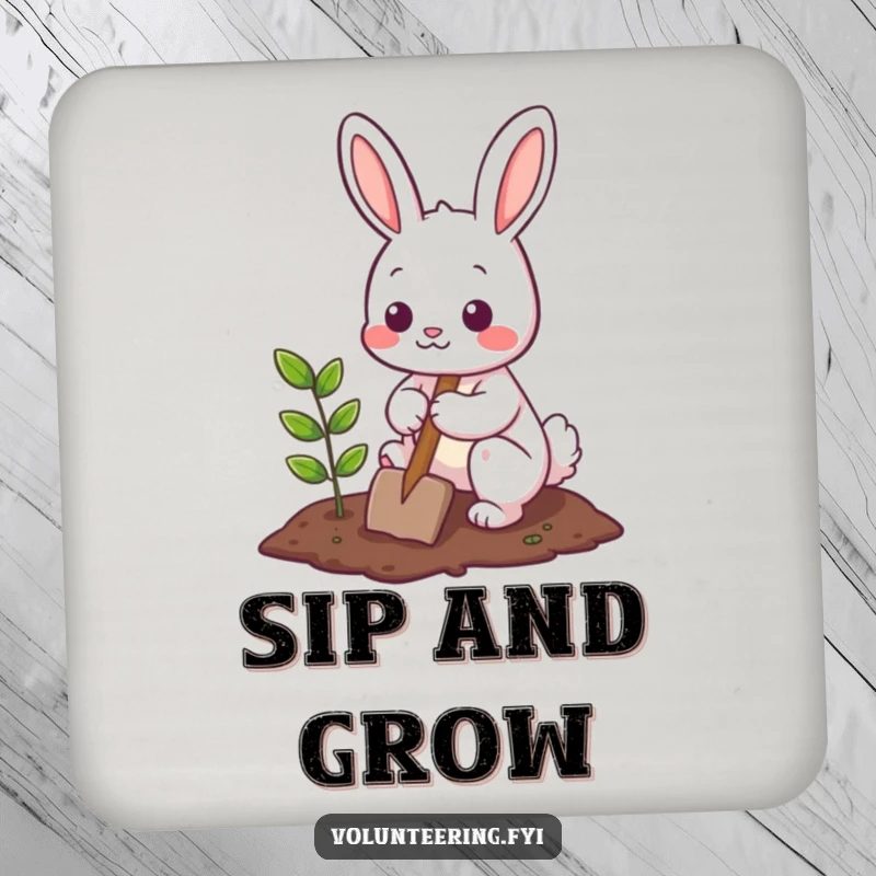 Funny Drink Coaster adorned with a cute bunny character planting a small tree, adding charm and protection to tabletops.