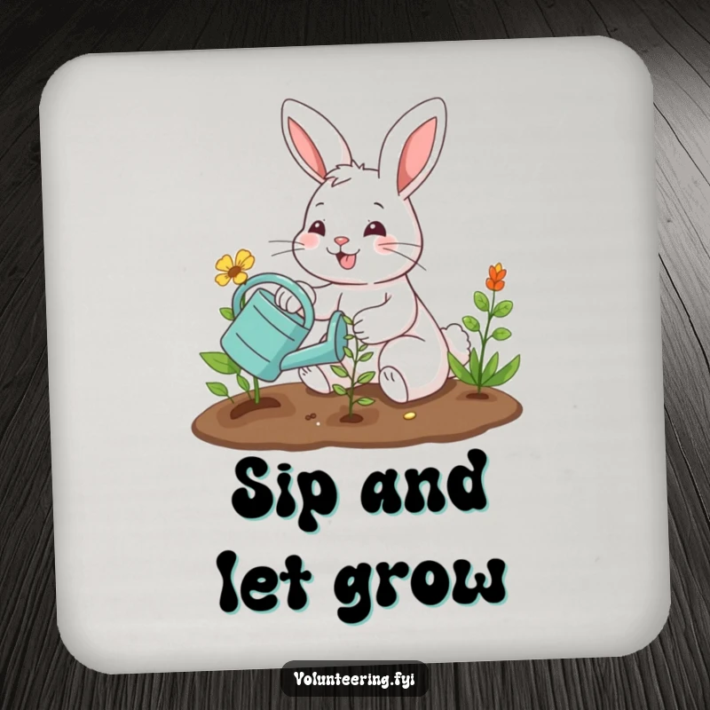 Funny coasters featuring a smiling bunny planting a seedling with a watering can, perfect for humorous home decor. Excellent funny gift.