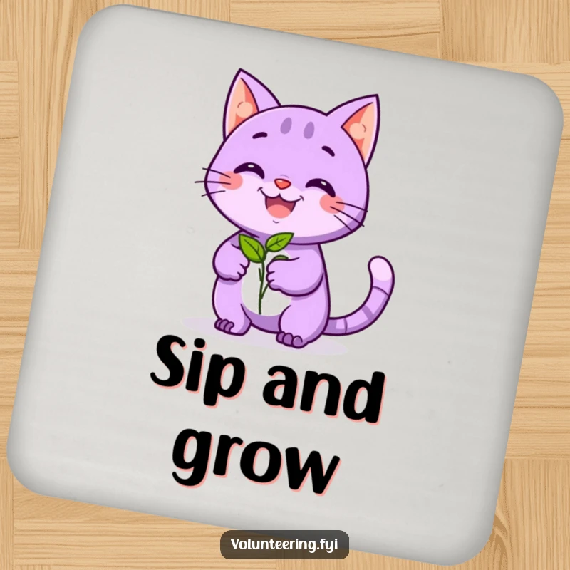 Funny coaster featuring a playful purple cat smiling and offering a seedling, symbolizing nature's kindness and humor.
