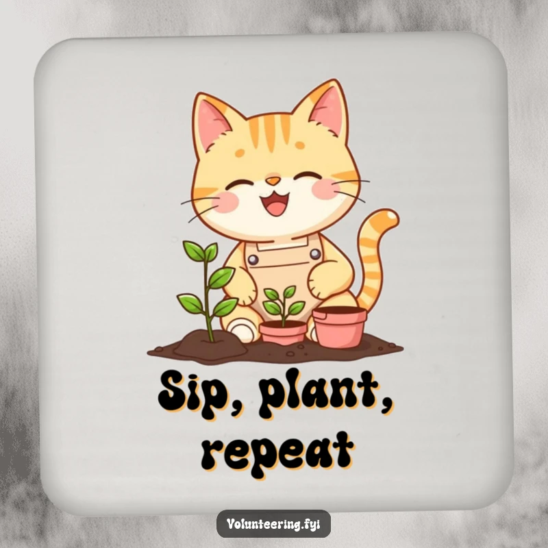 Funny cat wearing an apron planting a tiny seedling on a drink coaster, for humorous surface protection and charm.