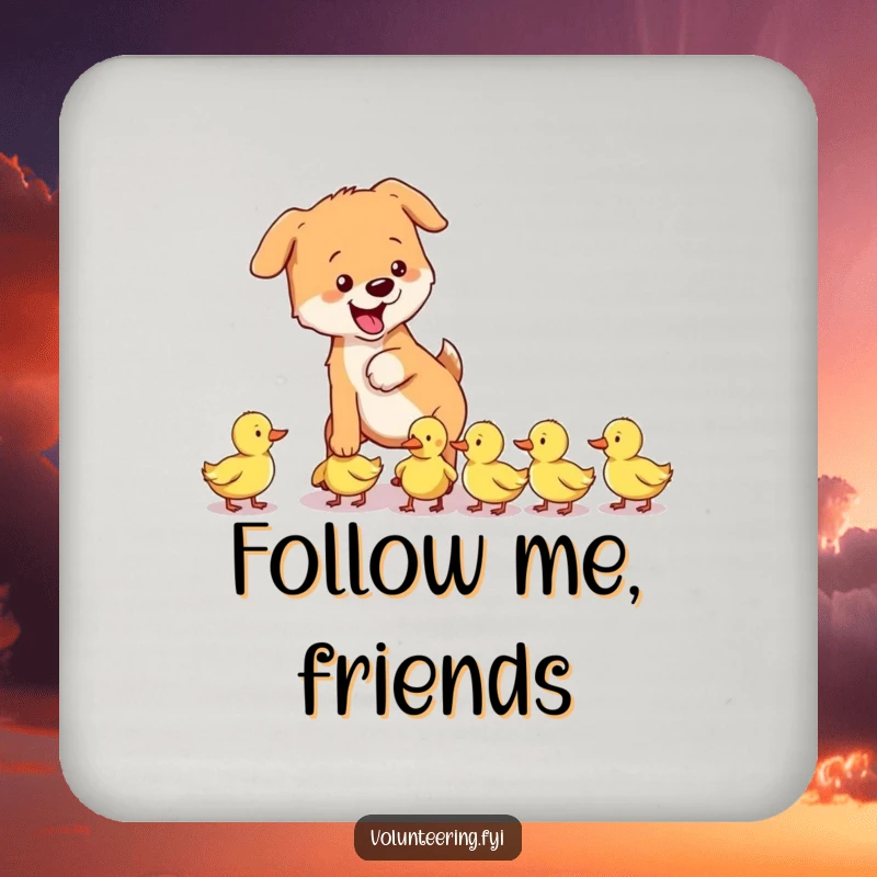 Funny dog and duckling drink coasters showing a playful dog gently guiding a group of lost ducklings, protecting surfaces with charm.