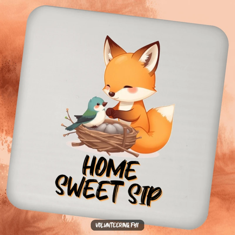 Funny fox drink coasters, a playful fox helping a tiny bird build a nest with delicate twigs, providing protection and woodland cuteness.