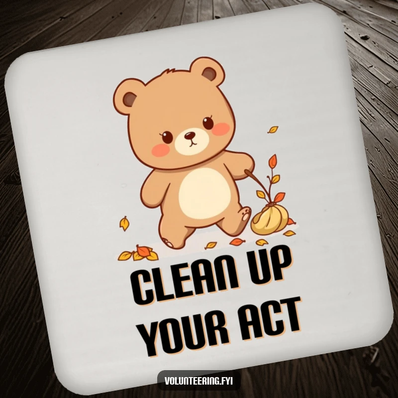 Funny Kawaii bear tidying up fallen leaves, cute coaster set for cleaners.