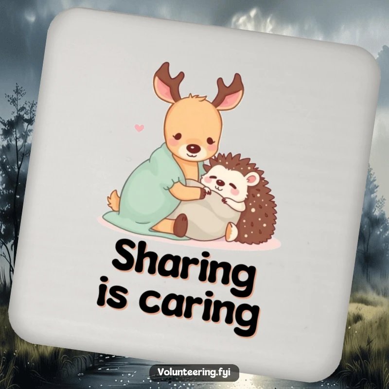 Funny drink coasters with a Kawaii deer and hedgehog sharing a blanket, offering surface protection with adorable charm.