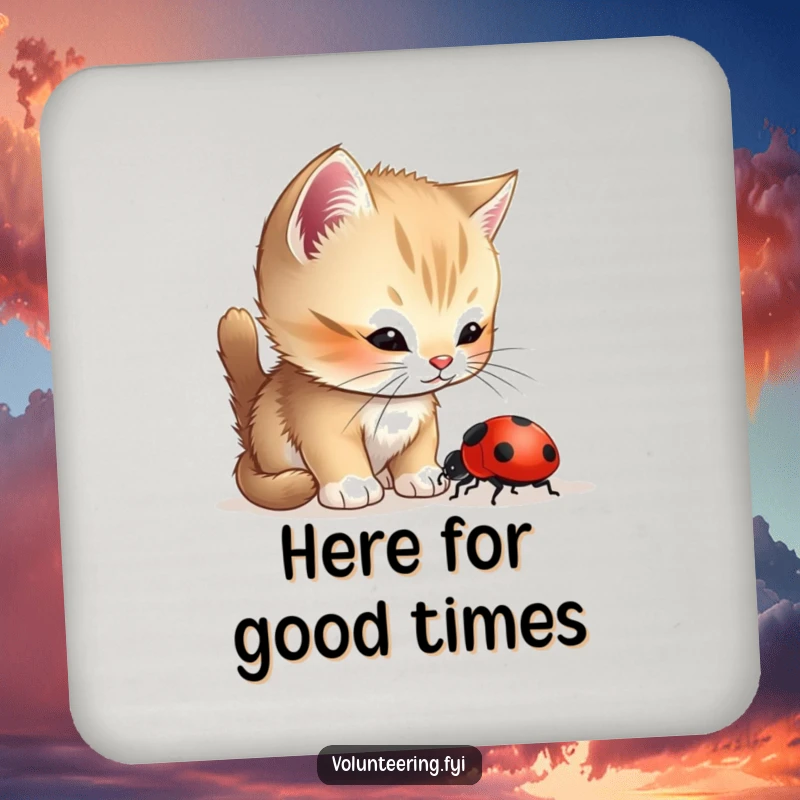 Funny Kitten Ladybug Drink Coasters depicting a curious kitten helping a lost ladybug, protecting surfaces with charming kindness.