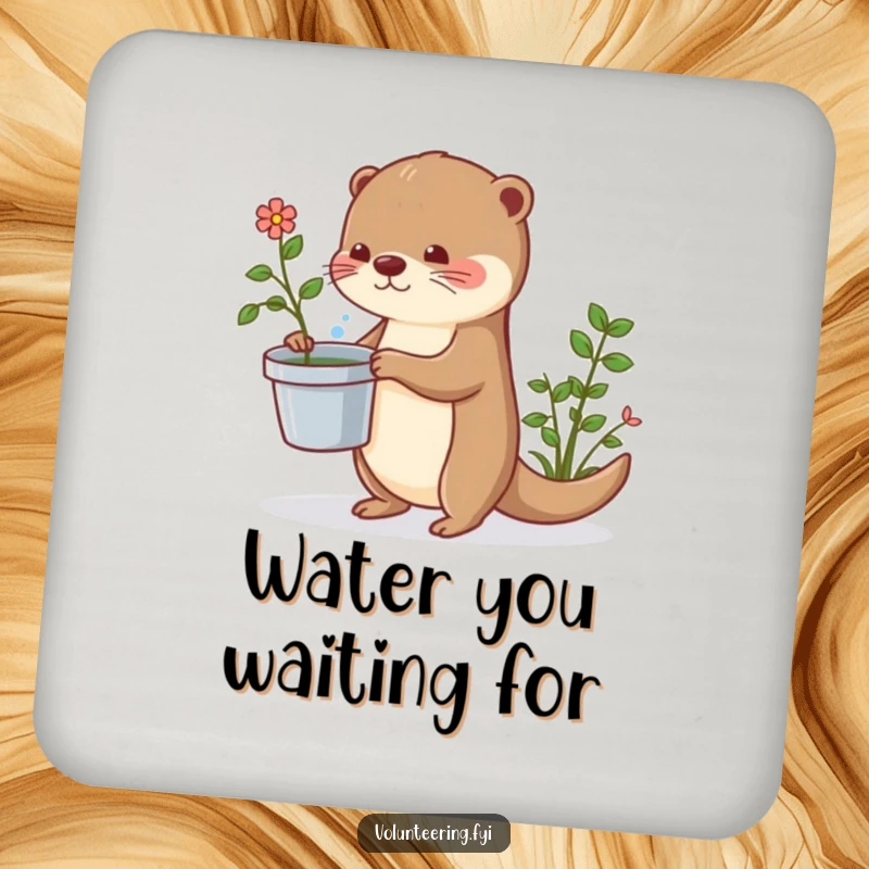 Funny otter drink coaster featuring a cute otter with a watering can, protecting surfaces with humor and style.