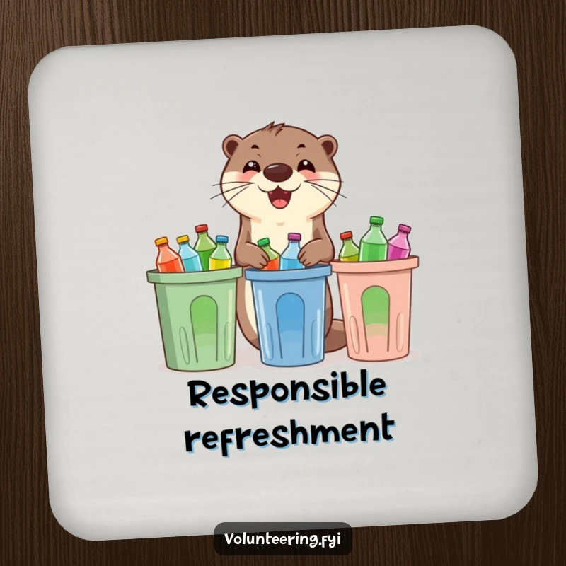 Funny otter drink coasters, an enthusiastic otter sorting plastic bottles into recycling bins, providing protection and eco-themed charm.