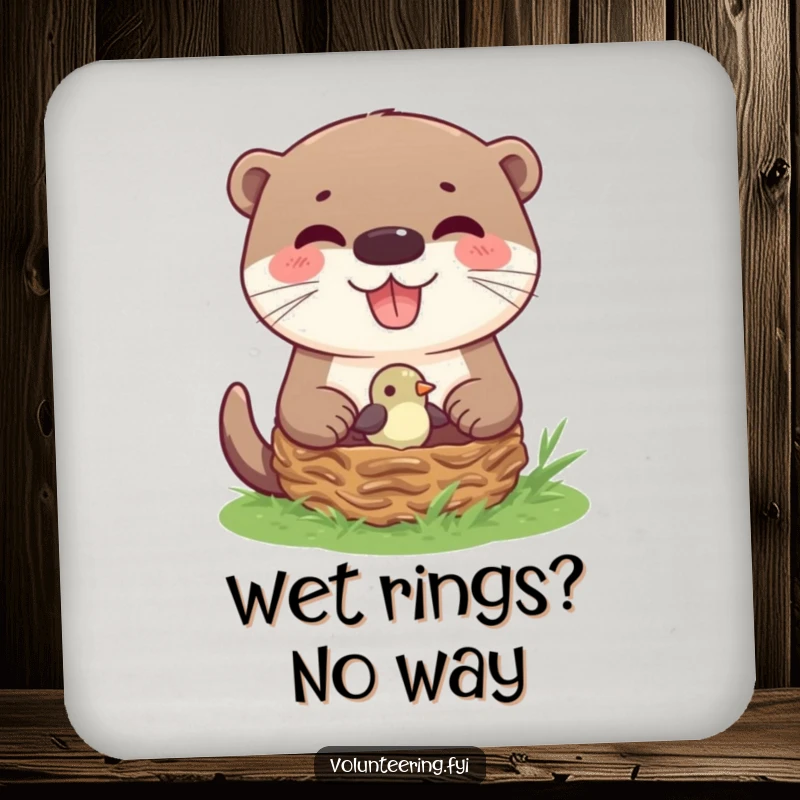 Funny Otter Helping Bird Nest Coasters featuring a joyful otter helping a small bird back into its nest, protecting surfaces with style.