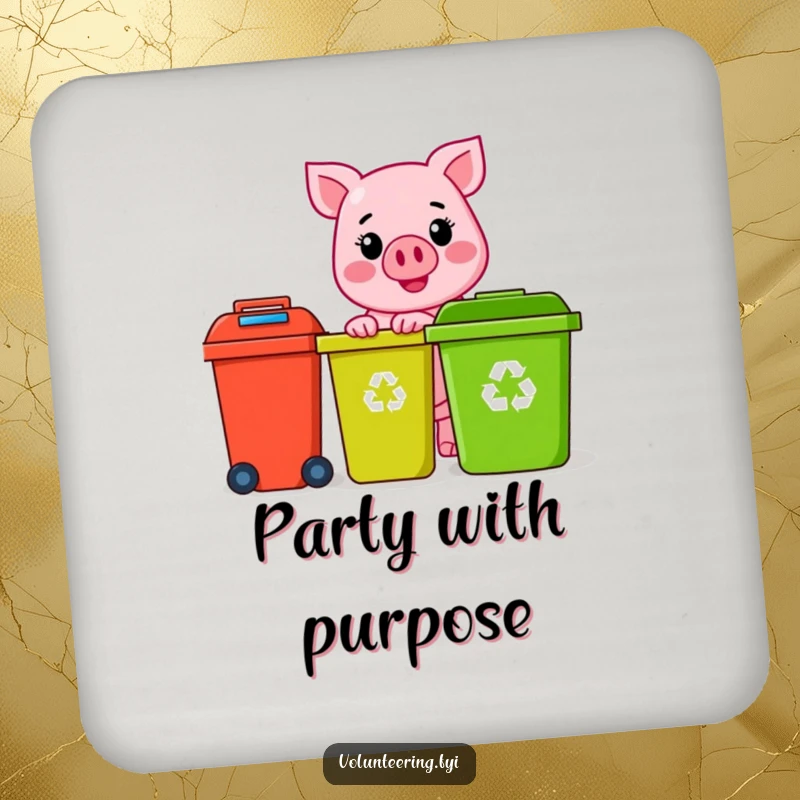 Funny pink pig character with a sunny smile, happily sorting colorful recycling bins, on a protective drink coaster, a funny home gift.