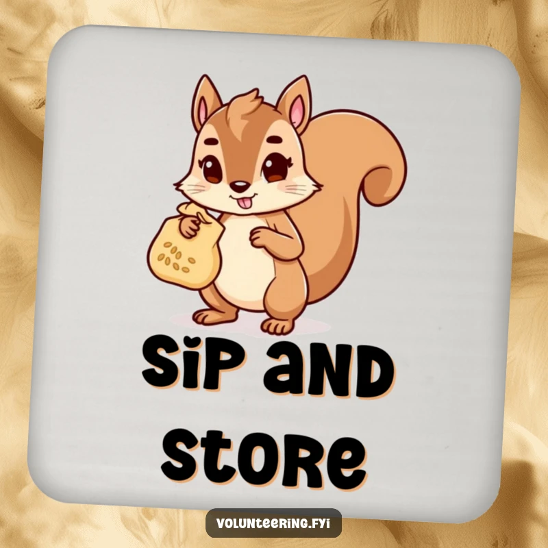 Funny Drink Coaster adorned with a determined squirrel character carrying a bag of seeds, perfect for protecting tabletops with charm.