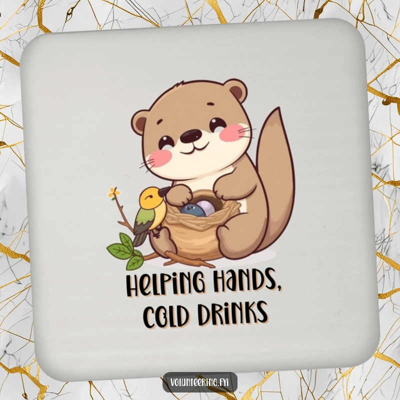 Funny Kawaii otter helping a bird build its nest, cute coaster set for friends.