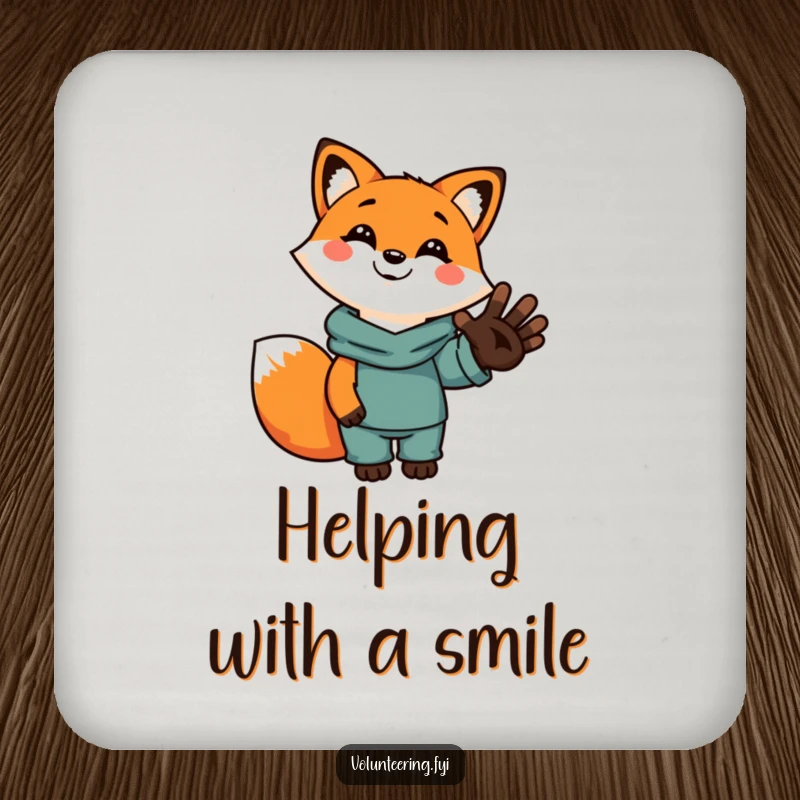 Set of funny drink coasters featuring a smiling cartoon fox holding a human hand, perfect for protecting surfaces with style.