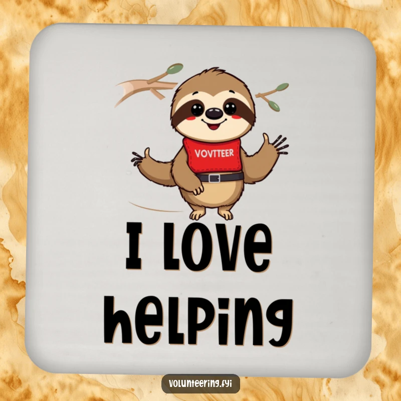 Funny sloth coasters featuring a smiling sloth in a volunteer vest, protecting furniture with cute, humorous artwork.
