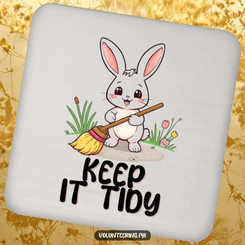 Funny drink coaster depicting a smiling rabbit with a broom sweeping a path, adding charm to surfaces.