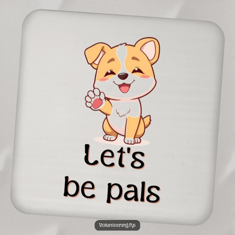 Funny joyful dog character offering a friendly paw to another dog on protective drink coasters, perfect funny gift.