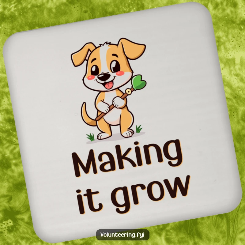 Funny dog coasters showing a cheerful dog with a gardening tool, protecting surfaces with cute, pet-themed humor.