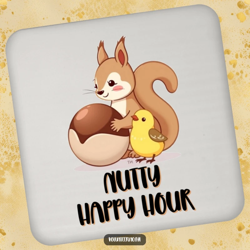Funny coasters featuring a squirrel sharing a nut with a happy bird, protecting surfaces humorously.