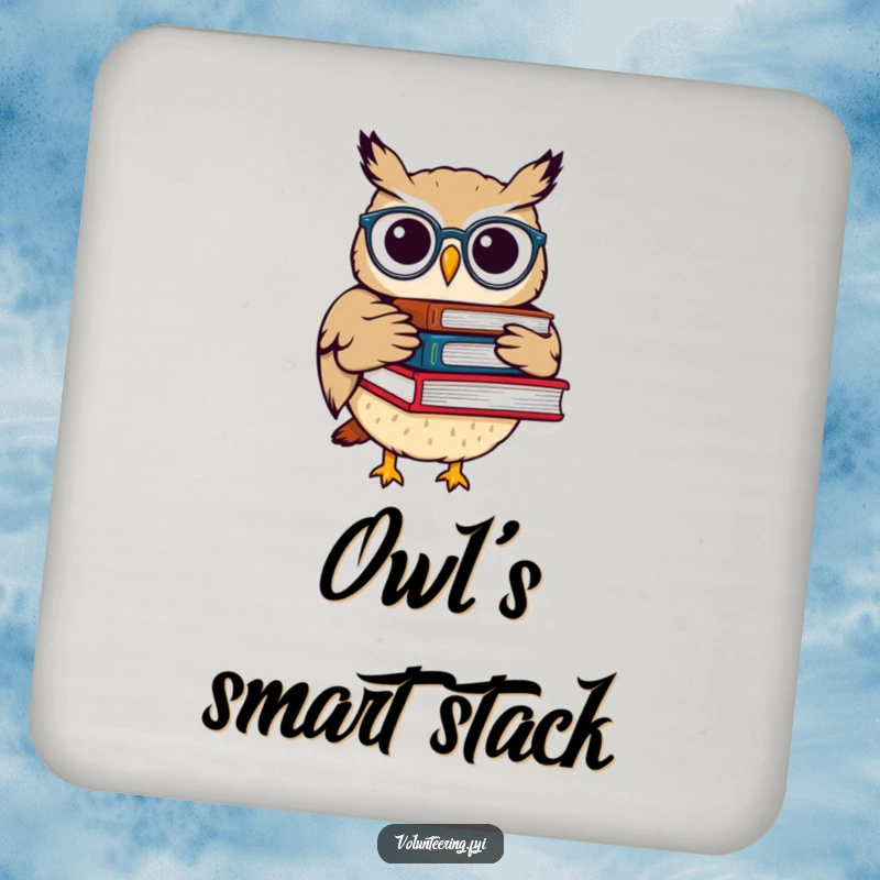 Set of funny drink coasters featuring a whimsical owl with spectacles carrying books, perfect for adding a touch of wisdom.