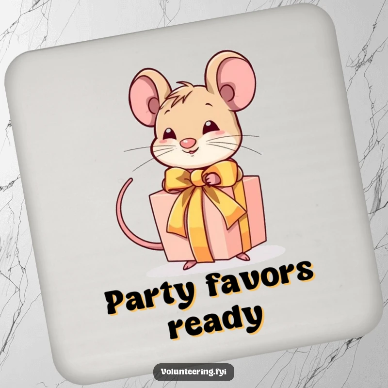 Funny drink coaster with a determined mouse tying a ribbon around a gift, adding meticulous humor to tables.
