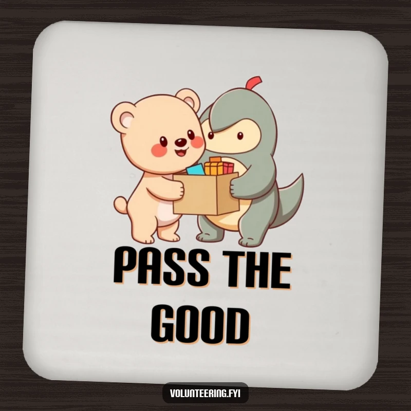 Funny Drink Coaster adorned with a cheerful bear cub character handing supplies to another creature, perfect for protecting tabletops with charm.