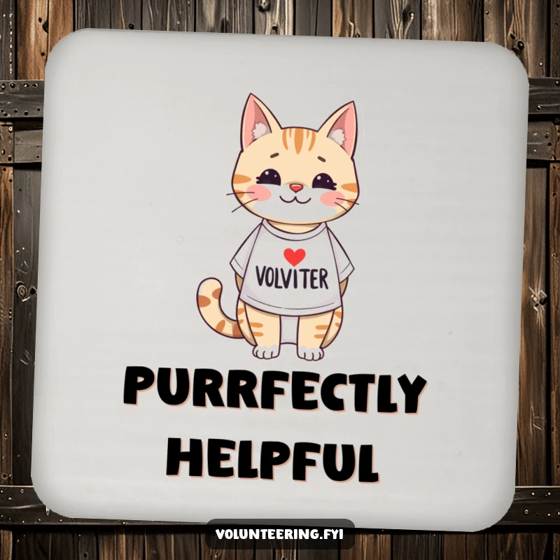 Set of funny drink coasters featuring an adorable illustrated cat wearing a volunteer t-shirt, perfect for adding a touch of helpfulness.