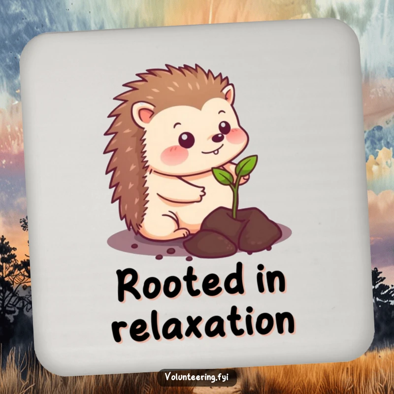 Funny kawaii hedgehog drink coaster, a cute animal planting a tiny seedling, protecting surfaces with a smile, ideal for any home.