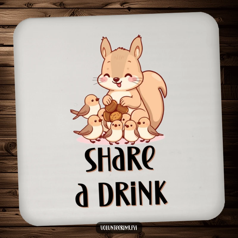 Funny kawaii squirrel drink coaster, showing a cute squirrel sharing nuts with smaller birds, protecting surfaces with a gesture of kindness.