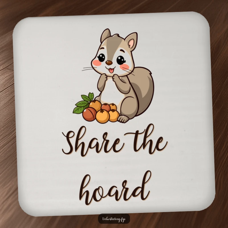 Funny Squirrel Nut Drink Coaster: A friendly cartoon squirrel sharing nuts, protecting your surfaces with adorable generosity.