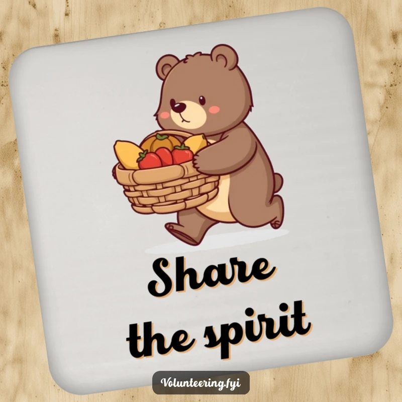 Funny bear drink coasters, a determined bear carrying a large basket of donated food, providing surface protection with a message of charity.