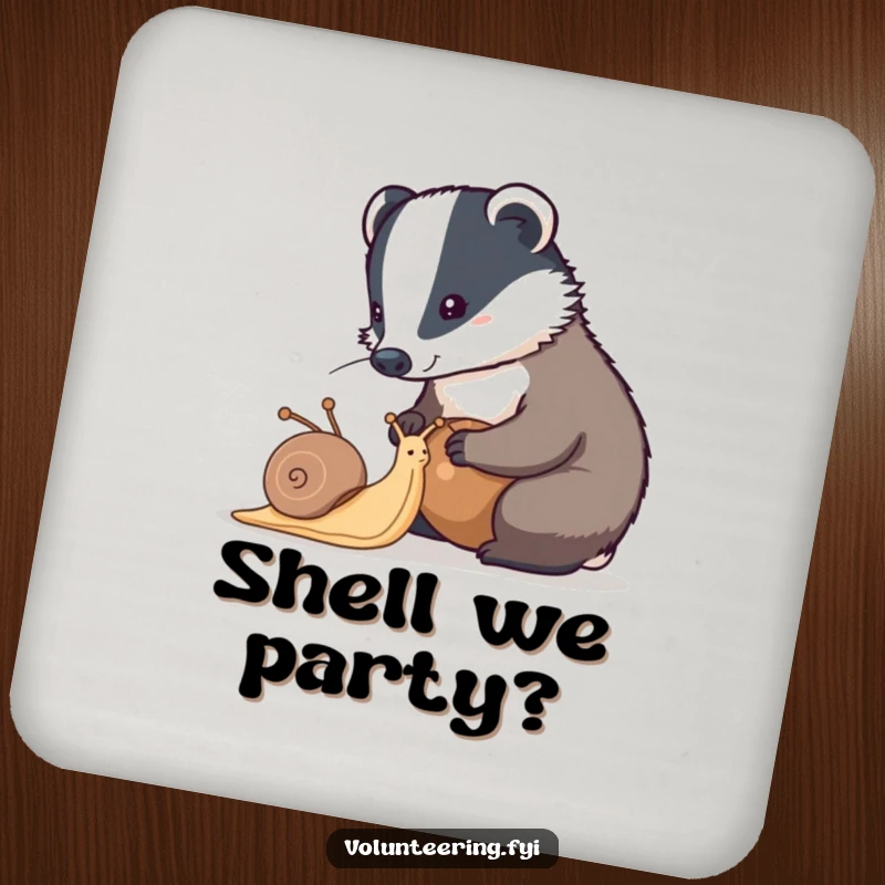 Funny badger and snail drink coasters showing a diligent badger helping a snail clean its shell, protecting surfaces with care.